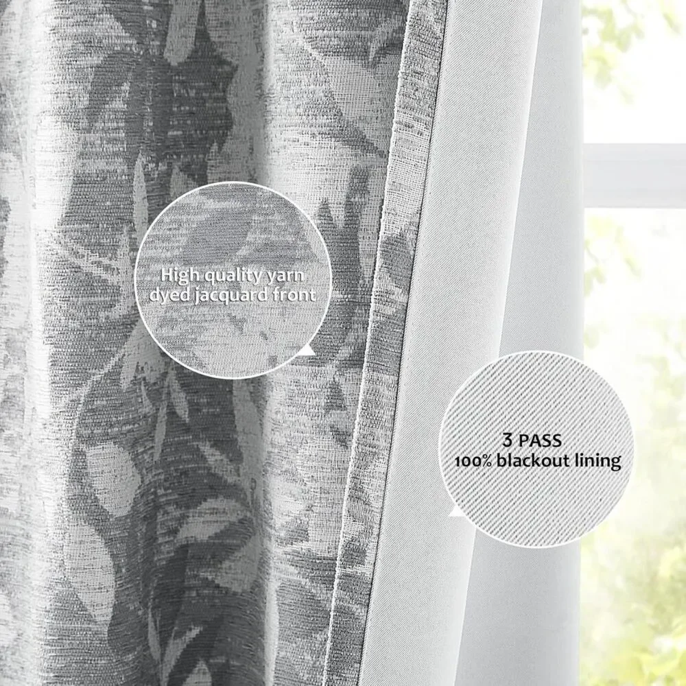 Brand New Randall Gray Leaf Print 90% Room-Darkening Curtains – Set of 2